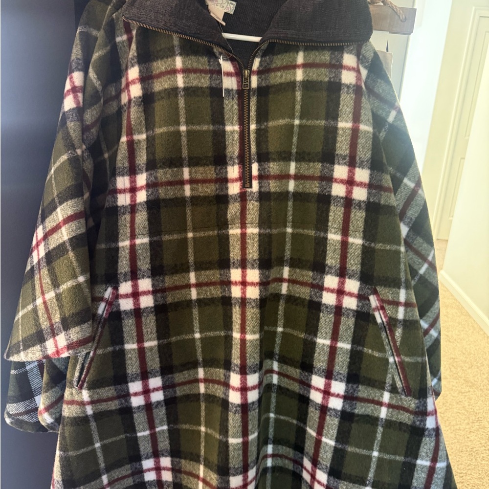 Free People Olive Green Plaid Zip-Front Cape with pockets